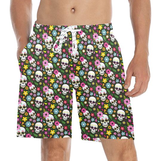 Discover Sugar Skull Men Swim Trunks, Mid Length Shorts