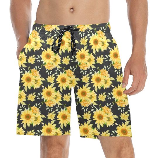 Discover Sunflower Men Swim Trunks, Floral Yellow Flowers Mid Length Shorts