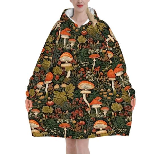 Discover Wild Mushroom Blanket Hoodie, Green Witchy Black Wildflower
