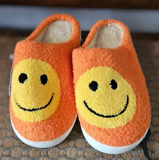 Discover Women's Smiley Face Slippers Anti-Slip Soft Plush Comfy Indoor Fuzzy Orange