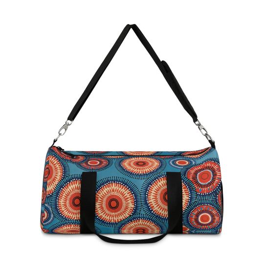Discover Duffel Bag, Weekender Bag, Travel Bag, Boho African Print, Turquoise and Red Pinwheels