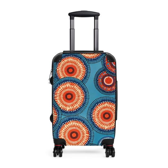 Discover Suitcase, Luggage with Swivel Wheels, Boho African Print, Turquoise and Red Pinwheels