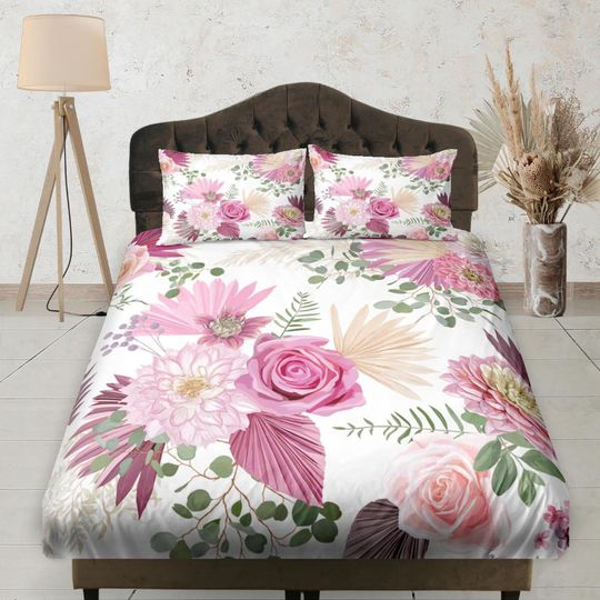 Discover Pink Flowers Fitted Bedsheet, Deep Pocket, Floral Prints, Aesthetic Boho Bedding Set