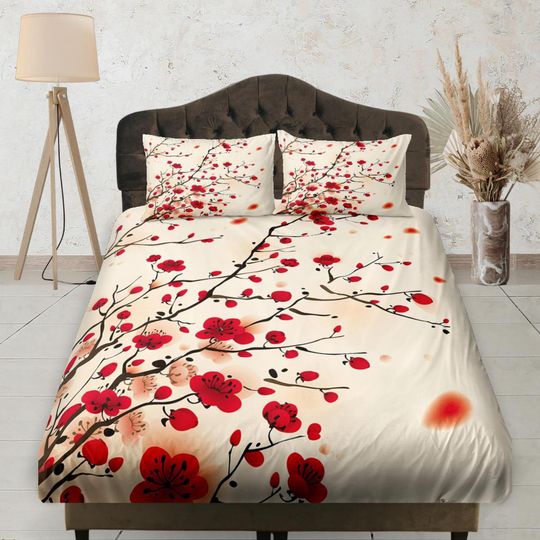 Discover Red Cherry Blossoms Fitted Bedsheet Elastic Deep Pocket, Floral Printed Boho Bedding Set