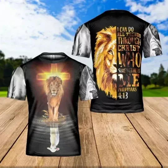 Discover Lion And Lamb Jesus I Can Do All Thing Christian 3D T-Shirt