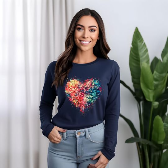 Discover Valentine's Day Long Sleeve, Watercolor Heart, Colorful Heart, Bella Canvas Long Sleeve