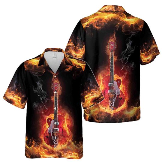 Discover Passionate Guitar Lover Guitar On Flame Hawaiian Shirt