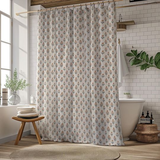 Discover Beige Floral shower curtain burnt orange flowers block print shower curtain