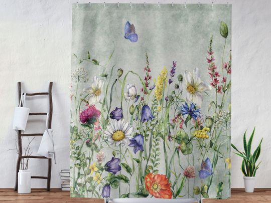 Discover Botanical Shower Curtain, Cottagecore Shower Curtain, Watercolor Wildflowers Bath Decor
