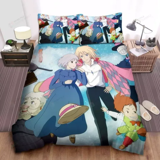 Discover Howl’s Moving Castle Characters Flying On Stars Sky Duvet Cover Set