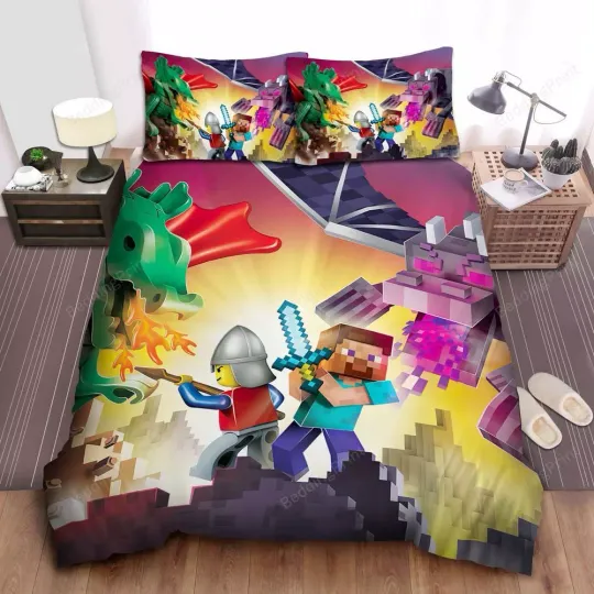 Discover Minecraft And Lego Warriors Fighting Monsters Duvet Cover Set Bedspread