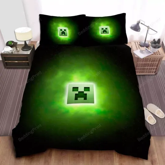 Discover Minecraft Green Creeper Face Duvet Cover Set Bedding Double Queen