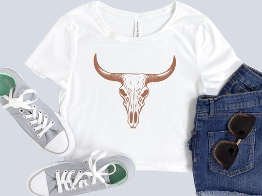 Discover Cow Skull Crop Top Western Crop Tee Western  Baby Tee Vintage Festival Crop Top