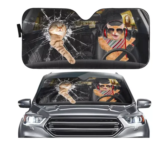Discover Funny Cat Driver Car Sun Shade, Cute Animal Windshield Visor