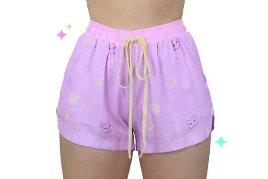 Discover Stardust Kitty Boho Shorts | Soft-style Pocket Shorts Pastel Kawaii Moon Cat