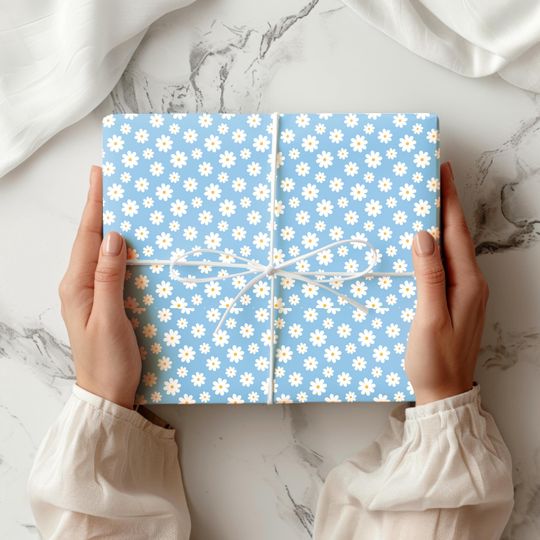 Discover Blue Daisy Flower Wrapping Paper, Birthday Gifts