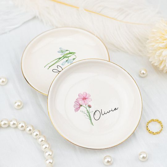 Discover Personalised Birth Flower Trinket Dish, Watercolor Flower Ring Dish, Birthday Jewelry Dish Gift for Friend