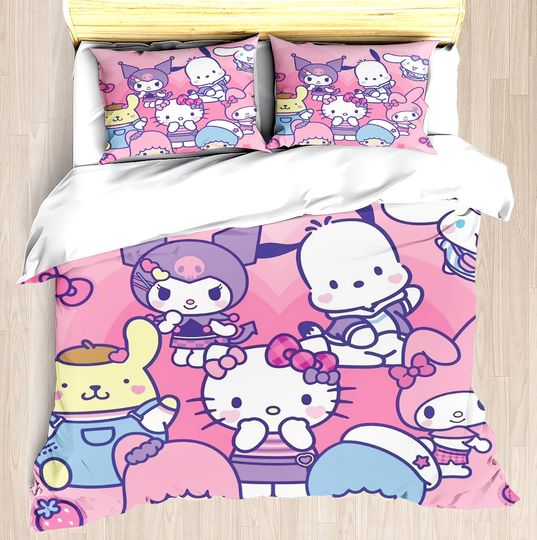 Discover MINISO-Modern Print Duvet Cover Home Cute Sanrio Kuromi Melody Children Bedding Set