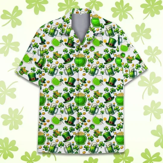 Discover St. Patrick's Day Hawaiian Shirt, Lucky Clover, Leprechaun Hat Beer