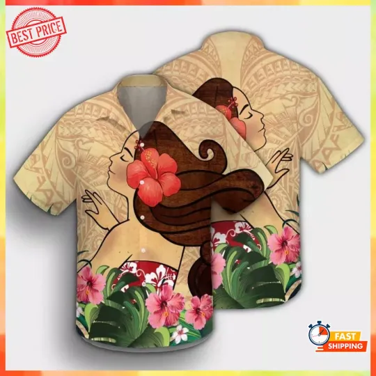 Discover Hula Girl And Hibiscus Hawaiian Shirt Button Tee Short-Sleeve