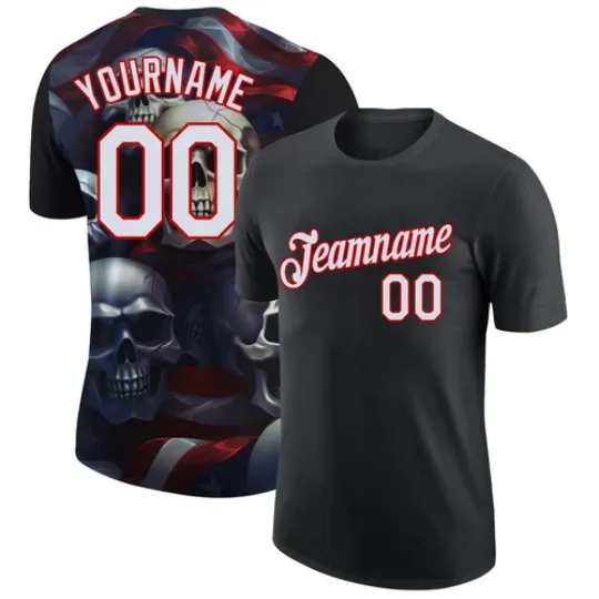 Discover Custom Black White-Red 3D Skull And American Flag Performance T-Shirt