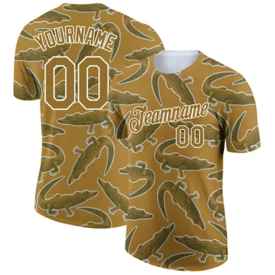 Discover Custom Old Gold White 3D Pattern Design Crocodile Performance T-Shirt