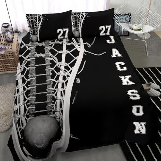 Discover Personalized Lacrosse Duvet Cover Set, Lacrosse Stick Player Gift Idea Black Duvet Cover & Pillowcases