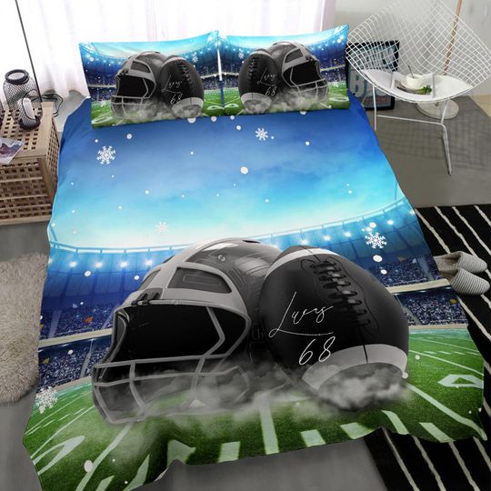Discover Personalized Football Duvet Cover Set, Football Ball Helmet Snow Player Gift Idea Duvet Cover