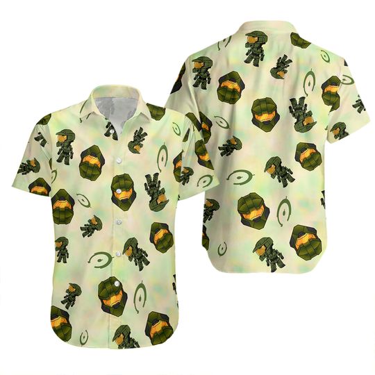 Discover Halo Pattern Gaming Men’s Short Sleeve Button Up Hawaiian Shirt