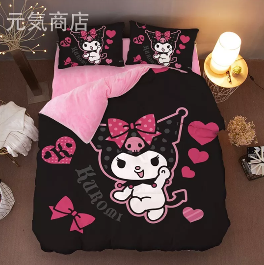 Discover Cartoon Kuromi Bedding Set Fannel Sheet Quilt Cover Pillowcase Dormitory