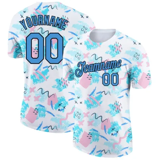 Discover Custom White Powder Blue-Black 3D Pattern Design Abstract Doodle Performance T-Shirt
