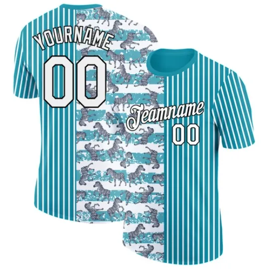 Discover Custom Teal White-Black 3D Pattern Design Animal Zebra Performance T-Shirt