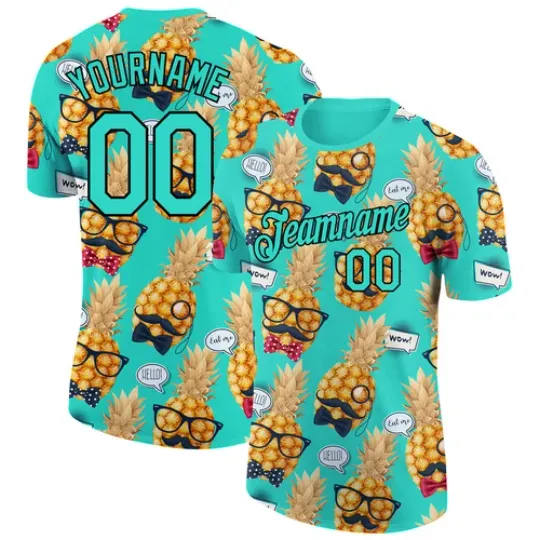Discover Custom Aqua Black 3D Pattern Design Hawaii Style Pineapple Performance T-Shirt