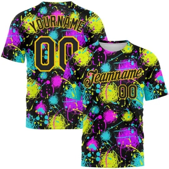 Discover Custom Graffiti Pattern Black-Gold 3D Neon Splatter Performance T-Shirt