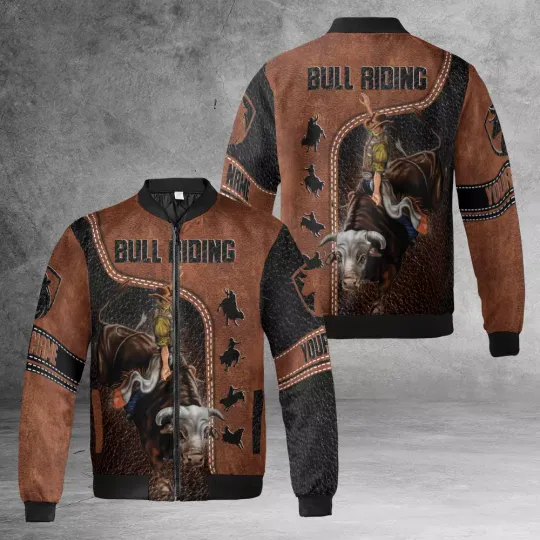 Discover Bull Riding Brown Rodeo Riding Windbreaker Bomber Jacket