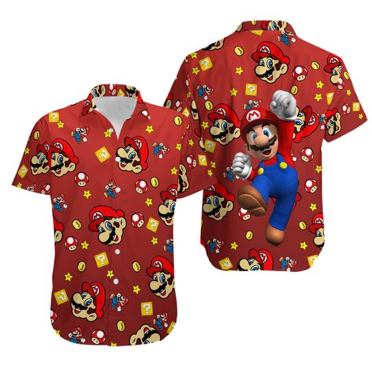 Discover Mario Pattern Super M-Mario Men’s Short Sleeve Button Up Hawaiian Shirt