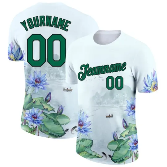 Discover Custom White Kelly Green-Black 3D Pattern Design Flowers Performance T-Shirt