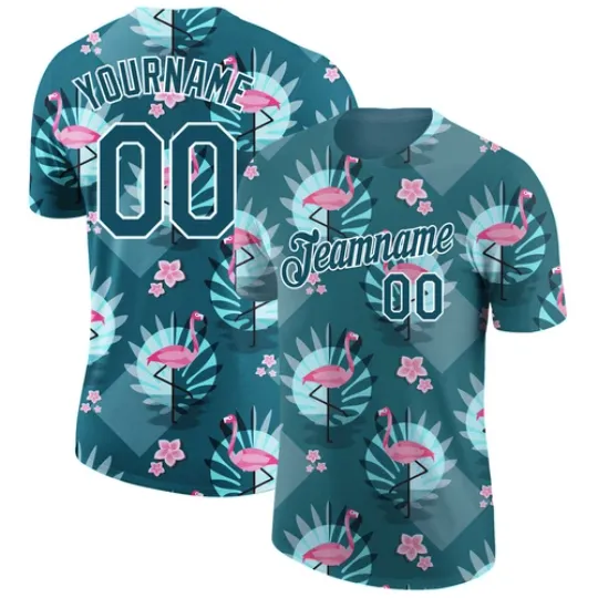 Discover Custom Teal White 3D Pattern Design Tropical Hawaii Flamingo Performance T-Shirt