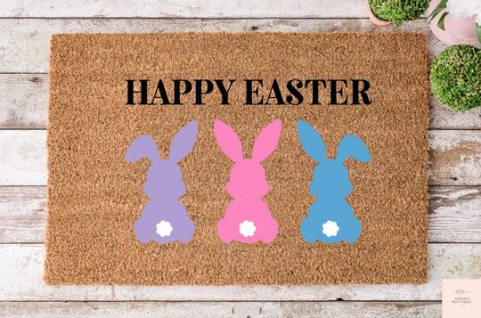 Discover Happy Easter Doormat, Easter Bunny Gift, Pastel Welcome