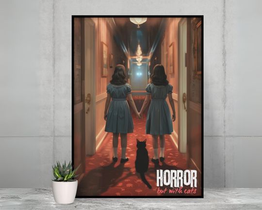 Discover Horror & Cats Art Print - Shining Twins and Cat in Overlook Hotel, Funny Horror Poster