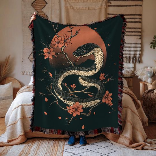 Discover Cherry Blossom Japanese Snake Woven Blanket, Dark Snake Botanical blanket, Cottagecore Japanese decor