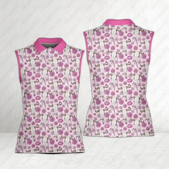 Discover Western Golf Polo Shirt, Bull Skull And Roses Sleeveless Polo