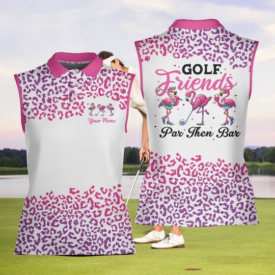 Discover Personalized Pink Leopard Glitter Golf Polo Shirt, Custom Name Women Sleeveless Polo