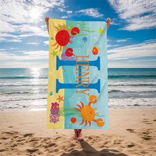 Discover Personalized Beach Towel, Custom Initial Name Towel, Ocean Animal Pattern Beach Towel