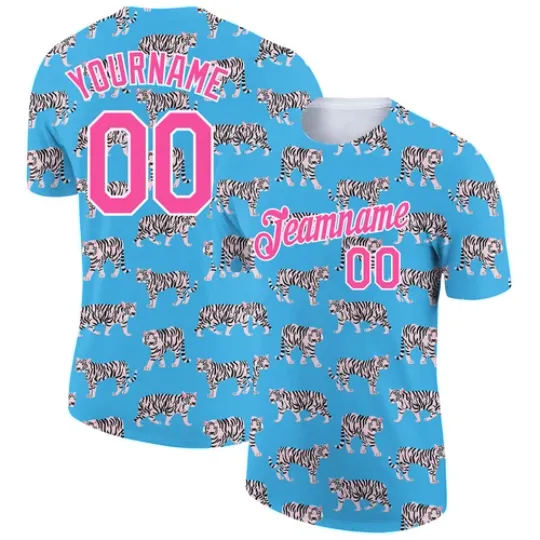 Discover Custom Light Blue Pink-White 3D Pattern Design Tiger Performance T-Shirt