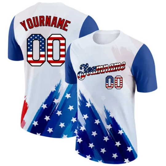 Discover Custom White USA Flag Royal Red-Black 3D American Flag Fashion Performance T-Shirt
