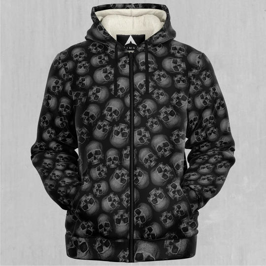 Discover Boneyard Skulls Abstract Pattern Sherpa Microfleece Fleece Zip-Up Hoodie