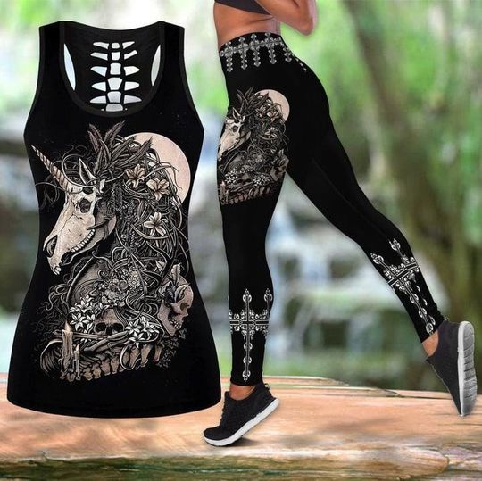 Discover Gothic Unicorn Hollow Tank Top Or High Waist Leggings, Gothic Unicorn Gym Set