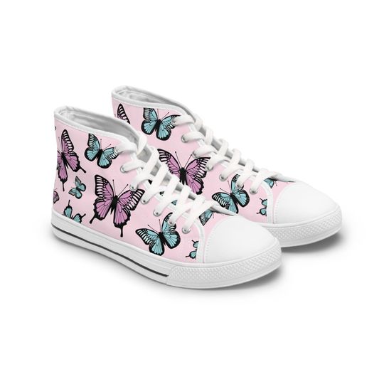 Discover Light Pink Butterfly Pattern High Top Sneakers  Cute Pink Sneaker Boots, Butterfly Print Sneaker Shoes