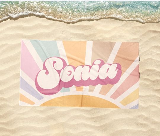 Discover Groovy RETRO Style Personalized Beach Towel Personalized Name Bath Towel